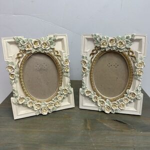 Set‎ 2 Floral Picture Frame Wild Roses cottage Victorian Gold Cream Shabby Chic